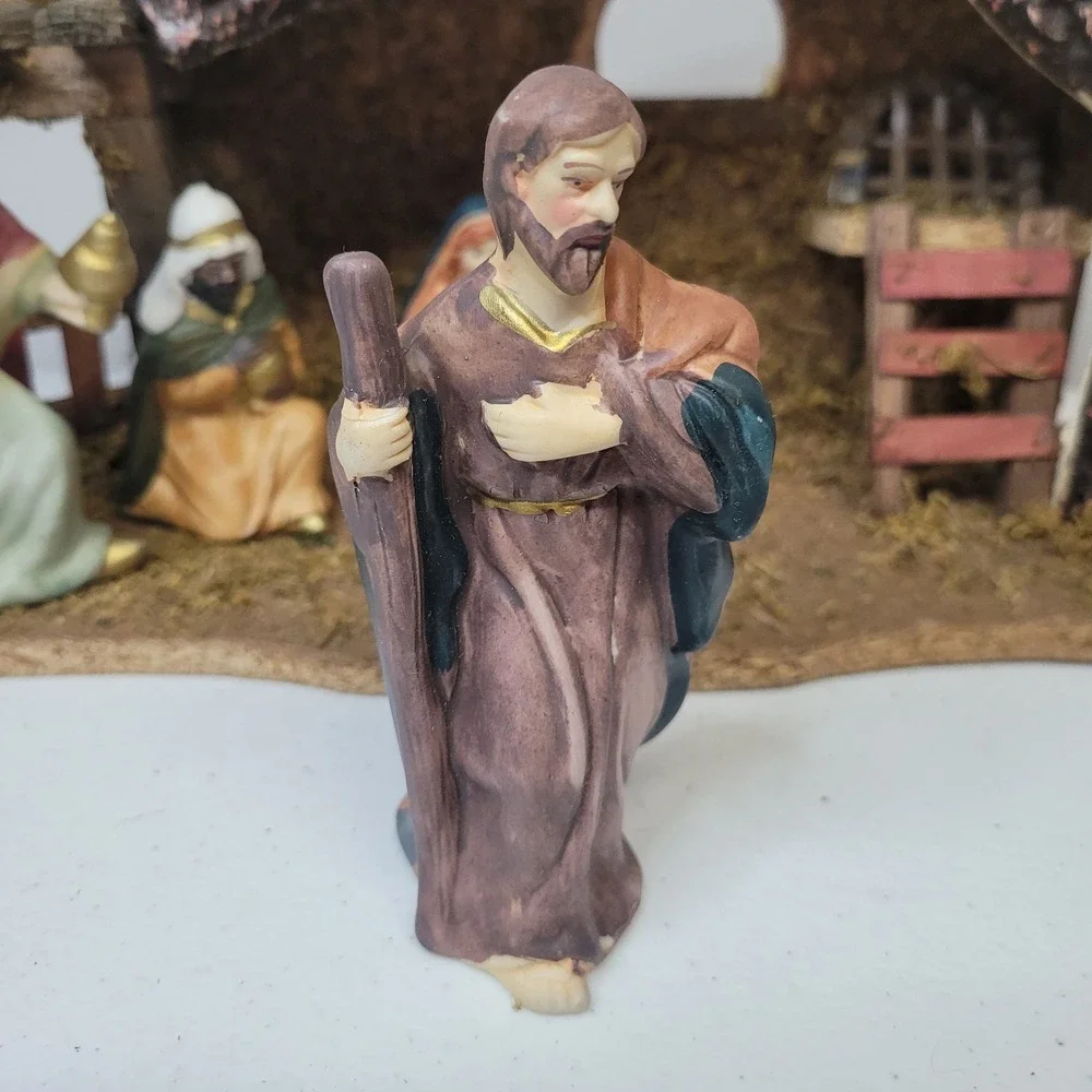 Ceramic Nativity‎ Wooden Moss Manger Religious Scene Handmade Vintage Mixed Race